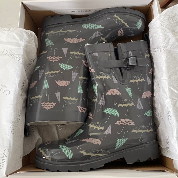NEW Capelli "Shiny Umbrella Day" mid-calf rubber Rain Boot w/ cozy lining Size 8 - Picture 2 of 11